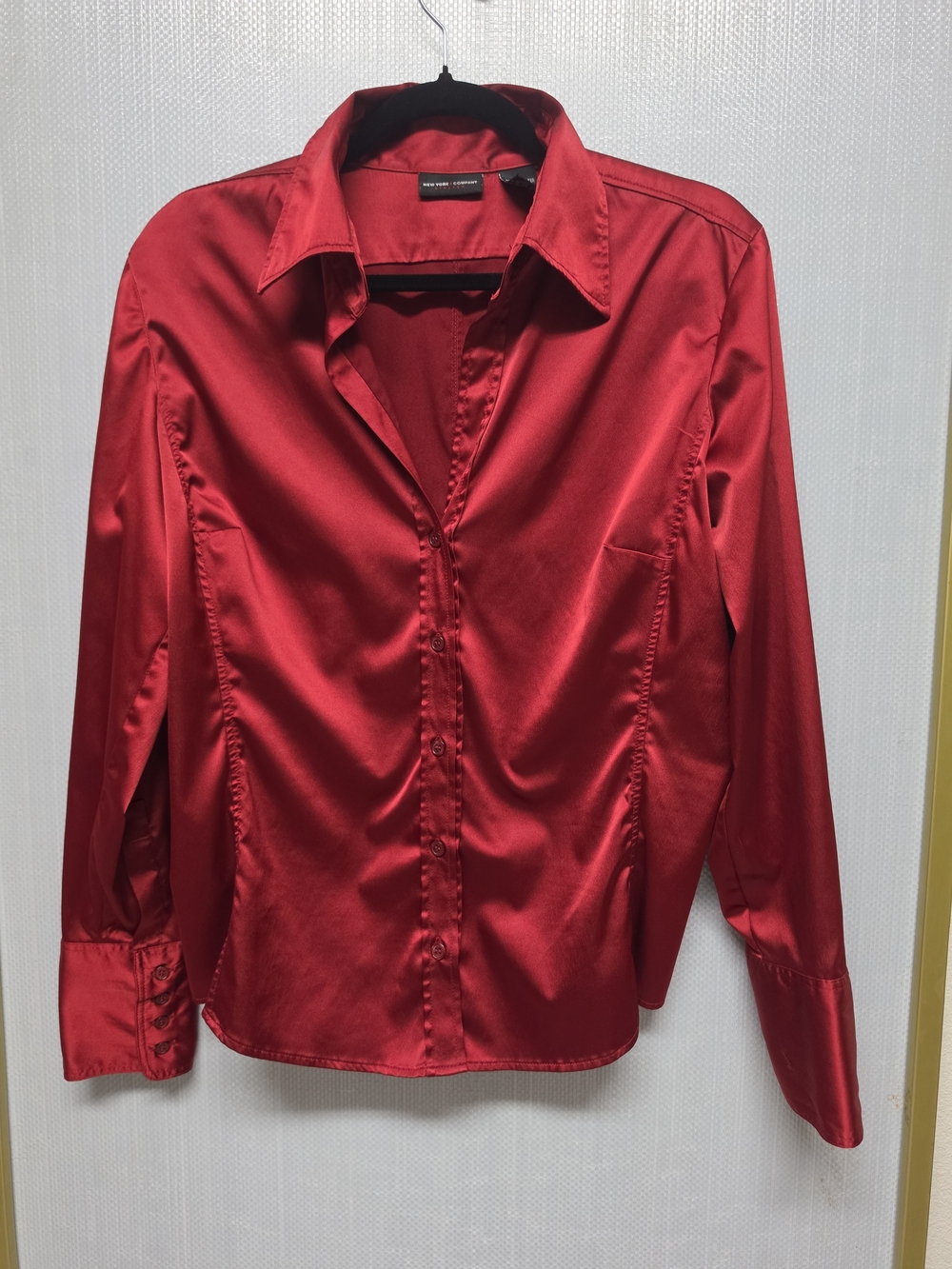 New York & Company Red Satin Button-Down Blouse